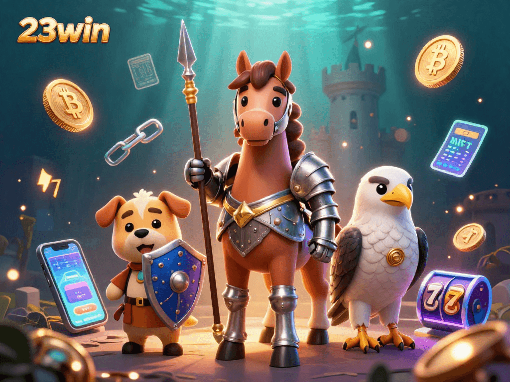 Engage in thrilling slots action with 23win, featuring iconic characters and Bitcoin elements.