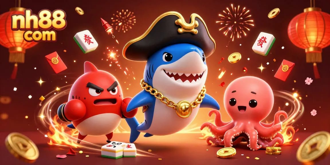 Engage with exciting games at nh88 com while a playful shark celebrates amidst festive casino elements.