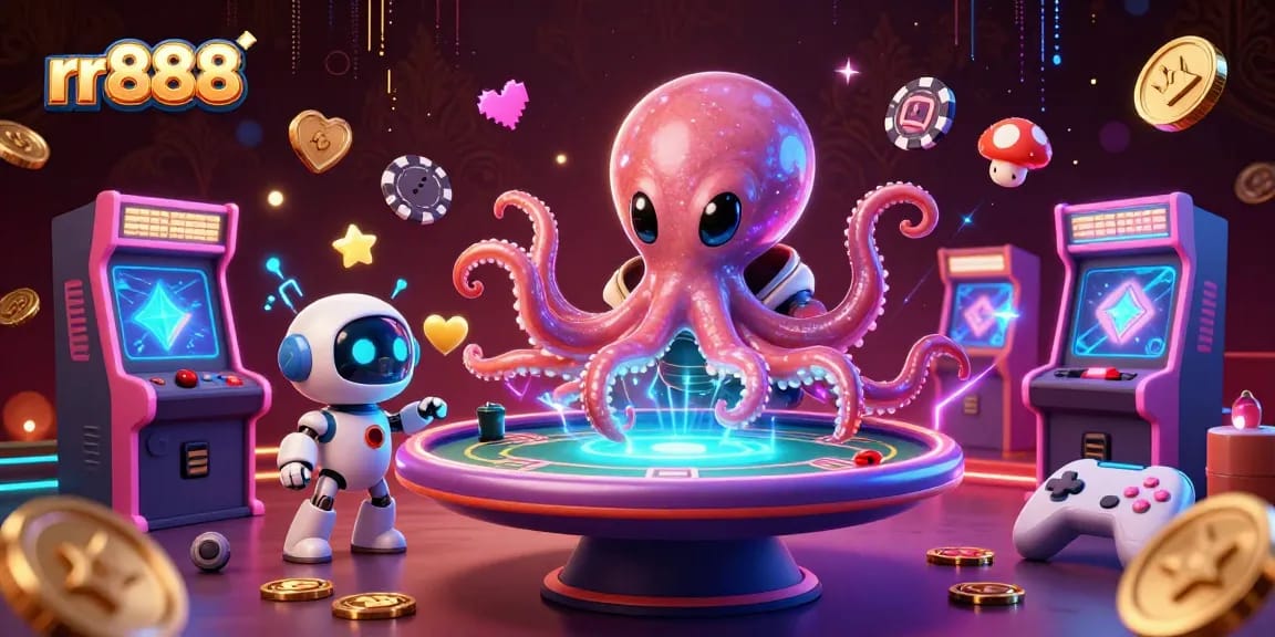 Experience thrilling action at rr888 with an alien octopus playing poker in a vibrant casino setting.