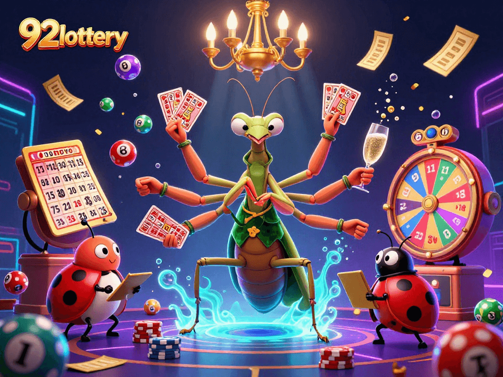 92lottery's exciting lottery-themed scene with vibrant balls, a dynamic praying mantis dealer, and an engaging pit boss.