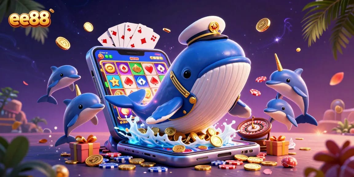 Catch exciting wins at ee88 as playful dolphins toss poker chips amidst vibrant casino elements.