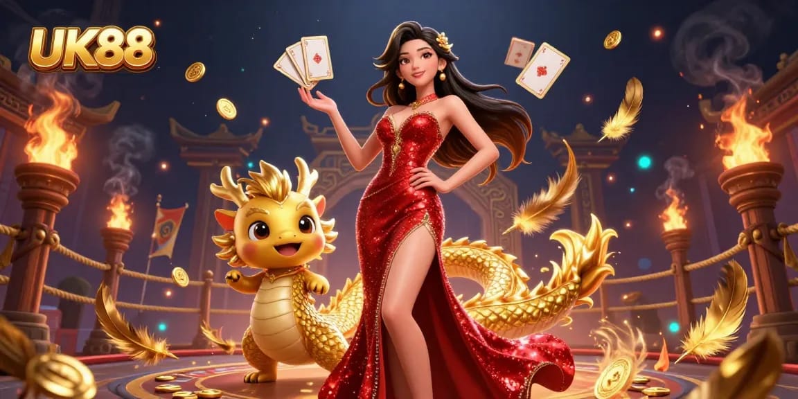 Experience thrilling wins at UK88 with a stunning casino scene featuring an elegant lady and a golden dragon.