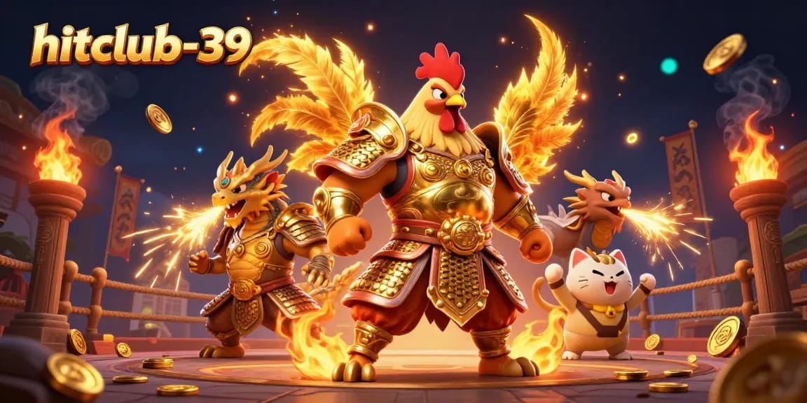 Join the excitement at hitclub-39 with an illustration of a rooster warrior and dragon in a vibrant casino.