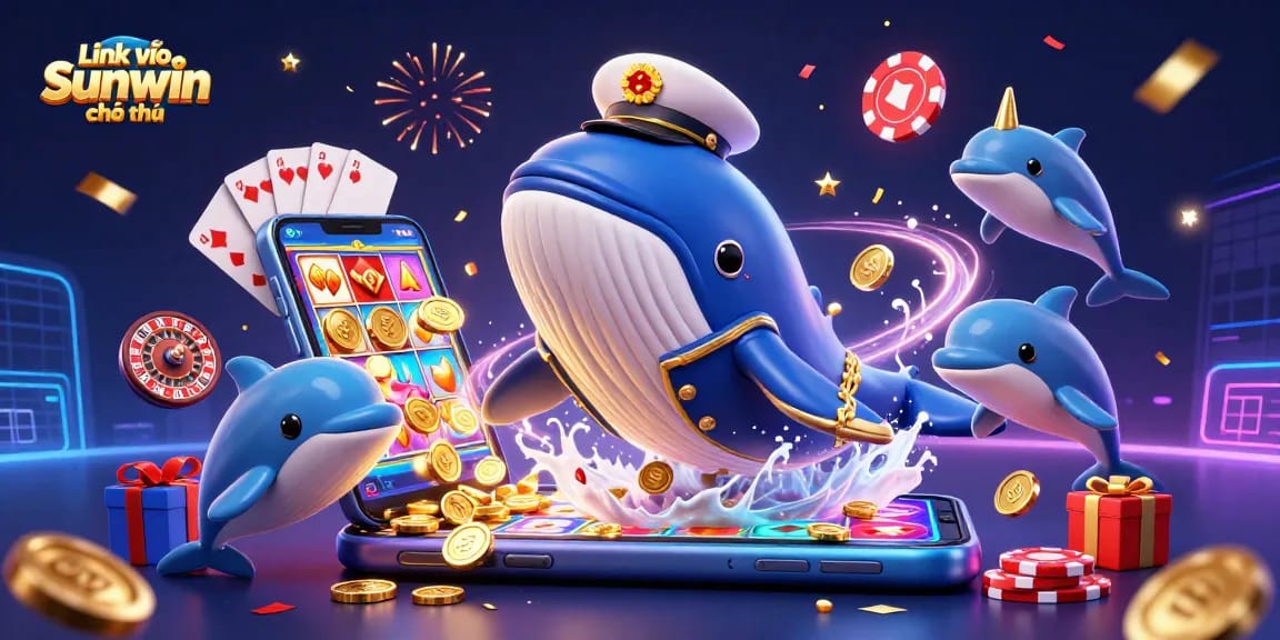 Engage with Link vào Sunwin chính thức, featuring a whale and dolphins in a lively casino scene.