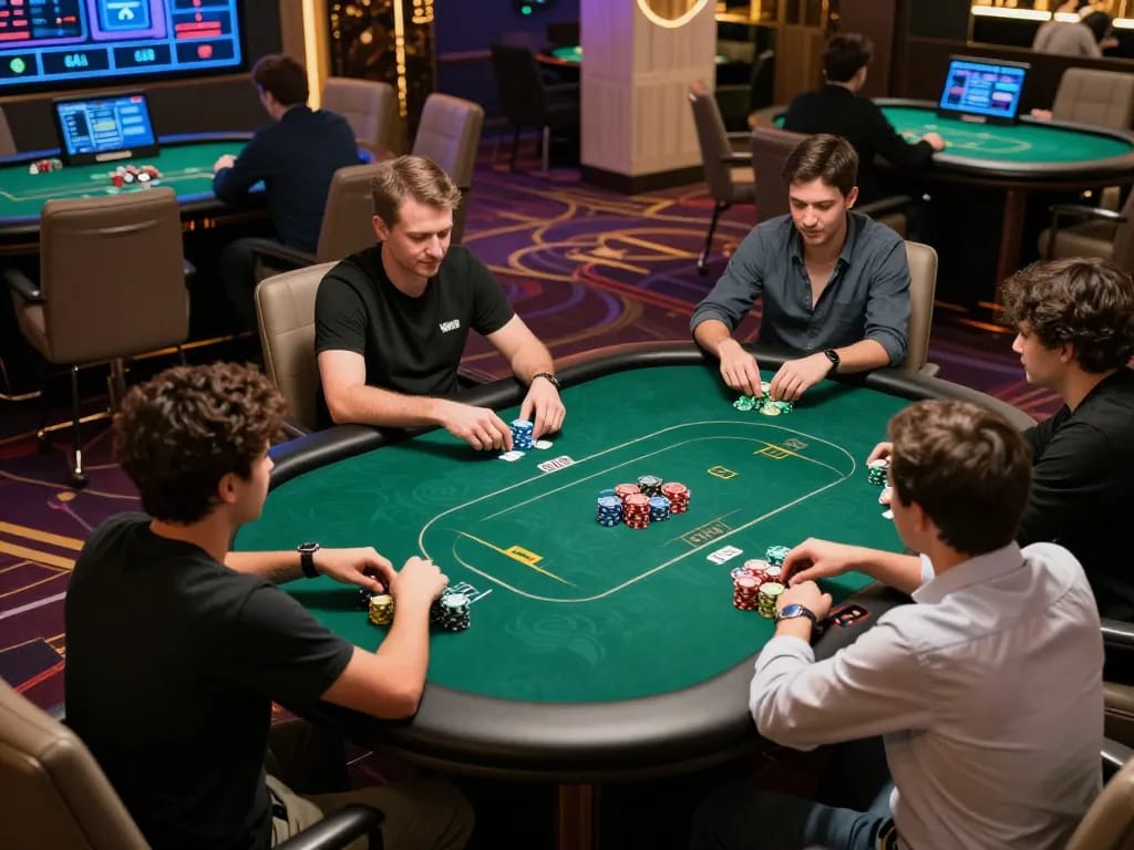 Dabet players strategizing during a high-stakes poker game with chips stacked for maximum excitement.