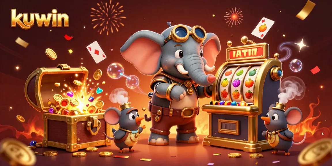 Kuwin casino scene with a steampunk elephant engineer operating a slot machine, showcasing classic gambling elements.