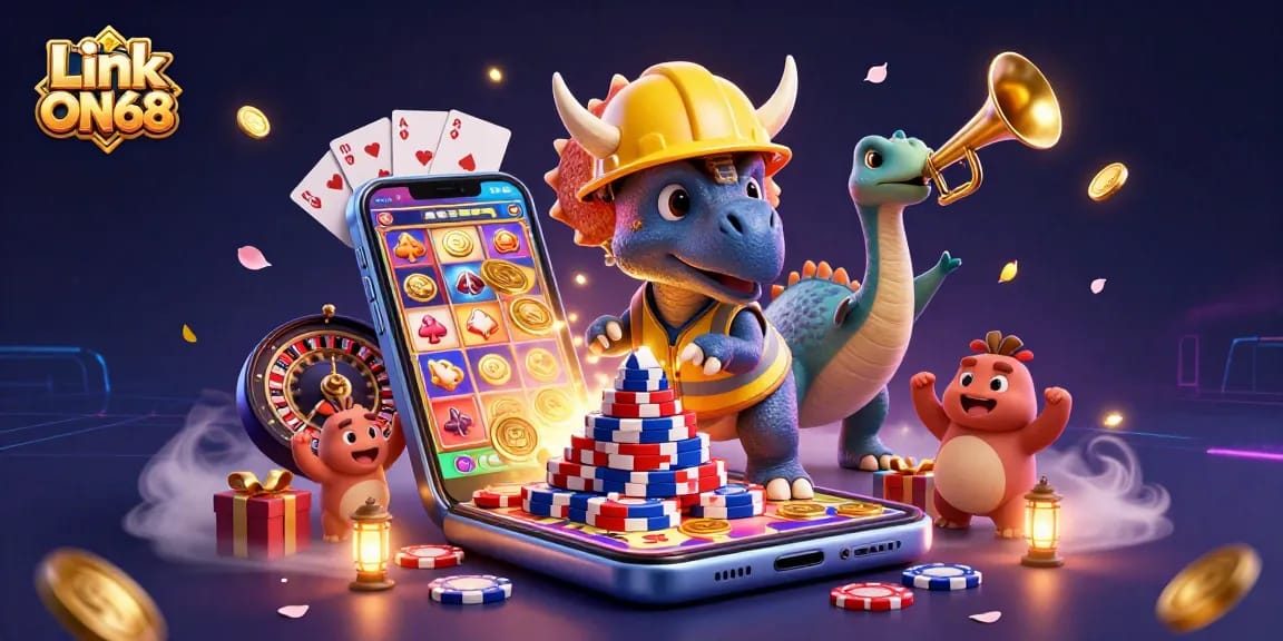 Engage with Link ON68 as a 3D triceratops builds poker chips amidst vibrant gambling visuals.