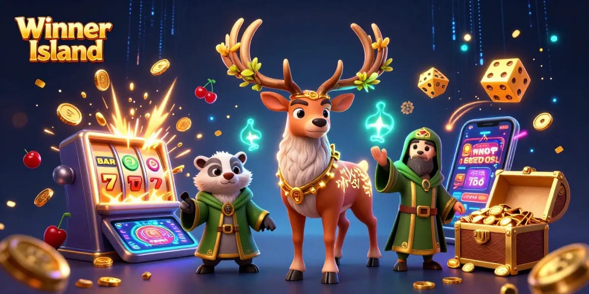 Winner Island showcases vibrant casino magic with colorful slots, coins, and enchanting characters.