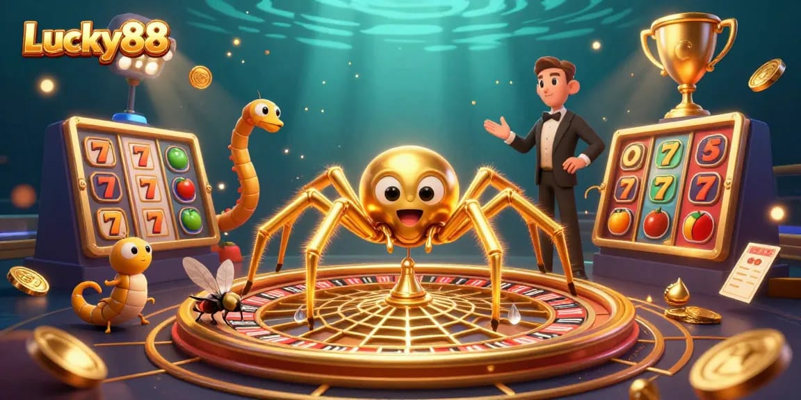 Spin to win with Lucky88 in an exhilarating casino scene featuring vibrant 3D characters.