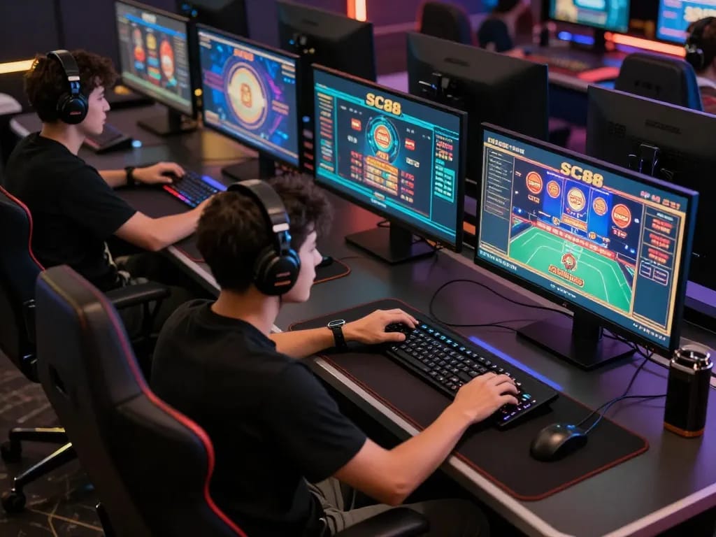 Gamer engaging in SC88 online casino gameplay on multiple screens in a strategic home setup.