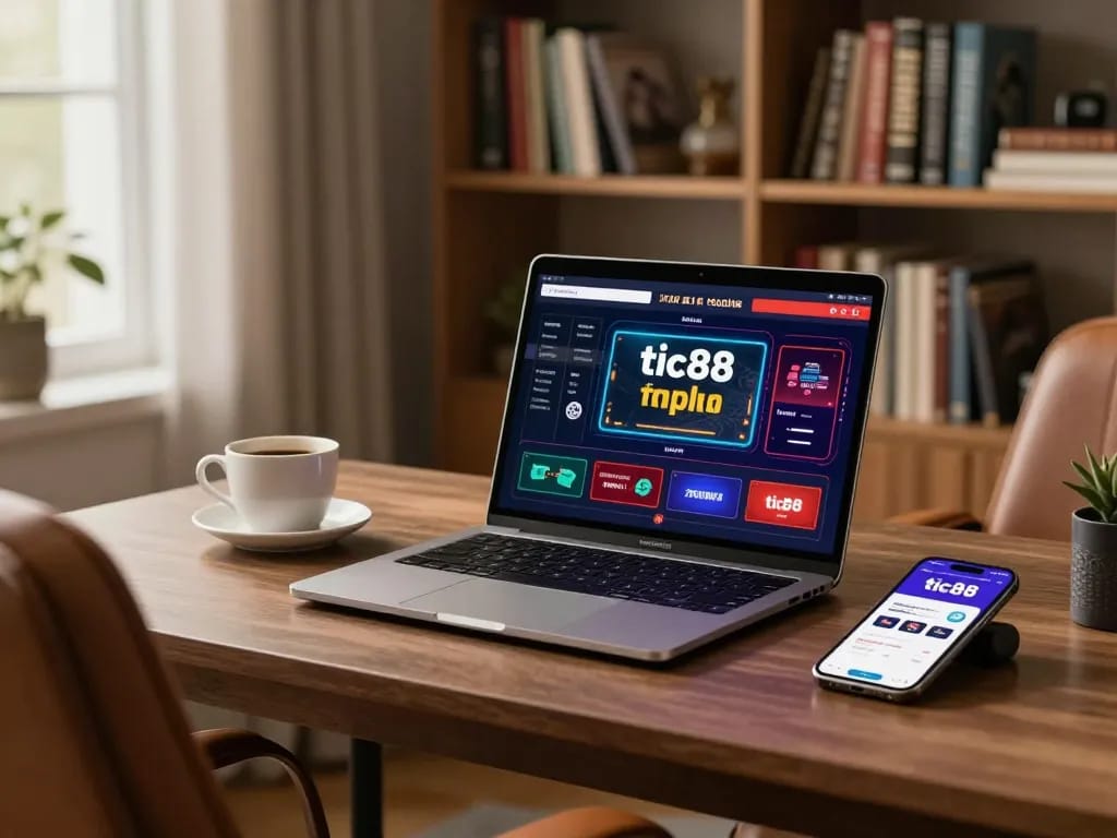 Tic88 gaming on a laptop with a cozy atmosphere and strategy books around