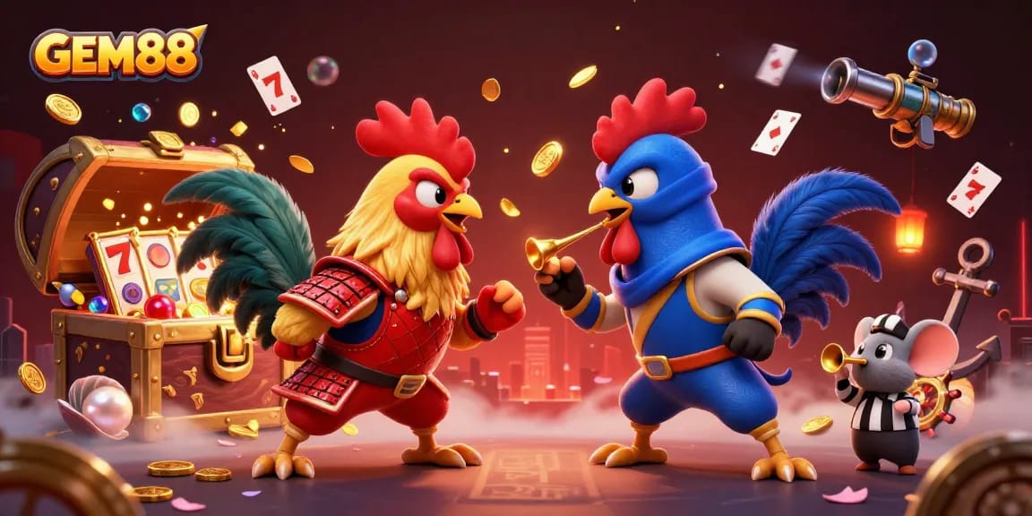 Engage in thrilling gaming with GEM88 featuring cartoon roosters battling amidst explosive treasures.