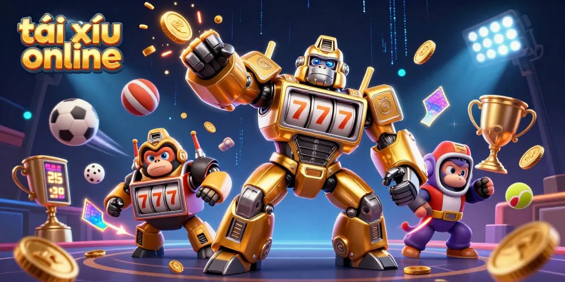 Experience exciting gameplay with tài xỉu online as the golden gorilla mech punches through a scene filled with sports elements and glowing effects.