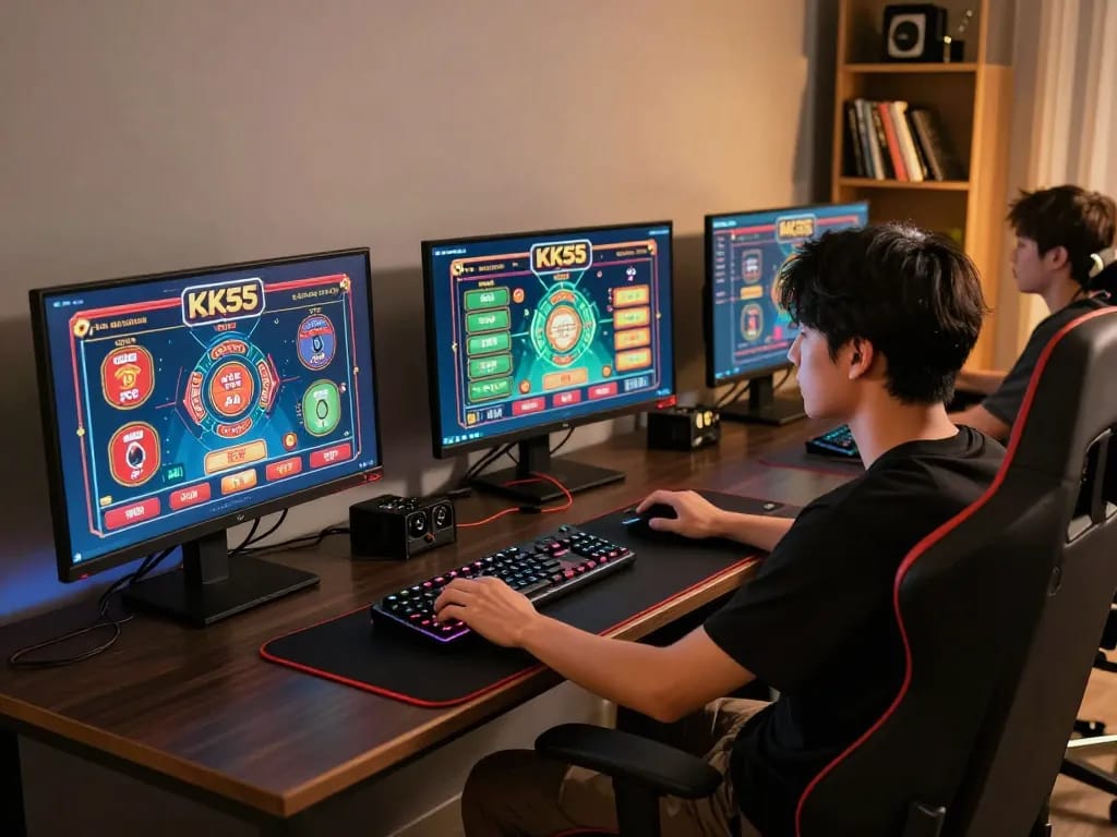 Gamer strategically engaging with KK55 online casino games in a modern gaming setup.