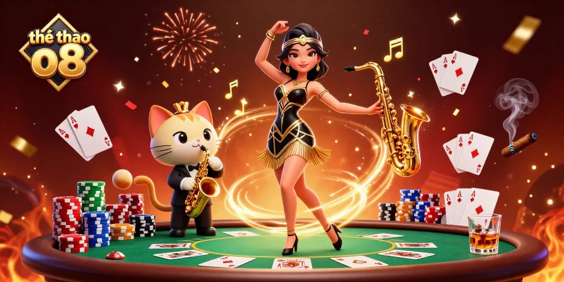 Engage with thể thao o8 in a vibrant casino atmosphere filled with poker elements and dynamic characters.