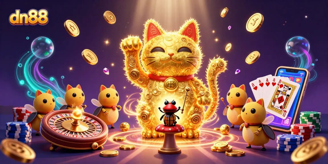 Witness the vibrant dn88 gameplay with a glowing lucky cat and dynamic casino symbols