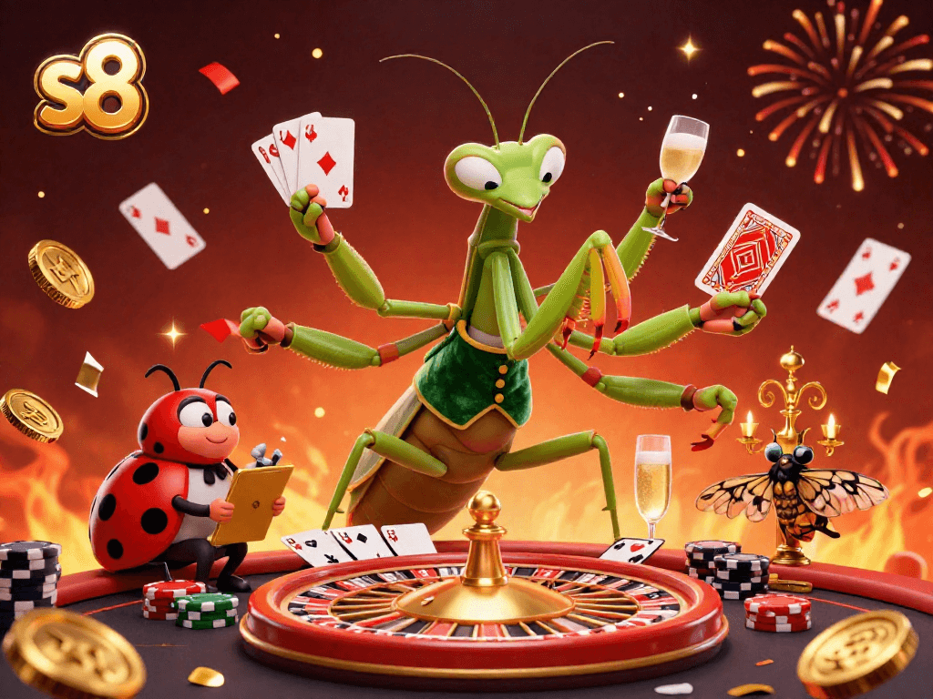 s8 offers thrilling casino action with a giant mantis card sharp and ladybug pit boss in a festive gaming scene.