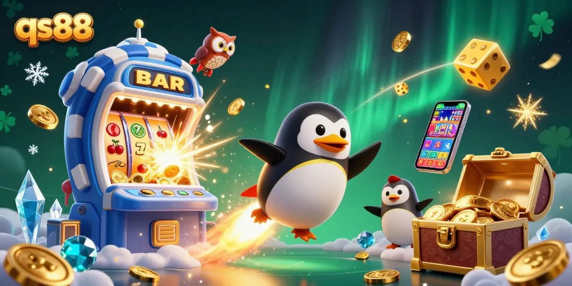 Engage with the exciting qs88 casino world through a vibrant illustration of a rocket-powered penguin and dynamic gaming elements.