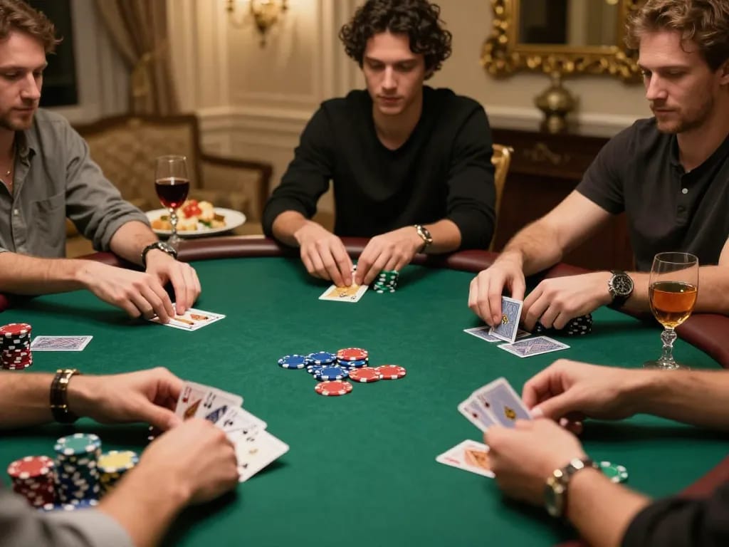 Participants engaged in a high-stakes poker game at home, showcasing poker strategy and camaraderie with PHPVIP branding throughout.