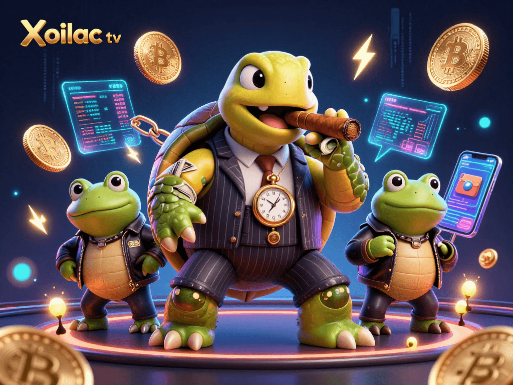 Xoilac tv showcases an exciting online casino atmosphere, featuring a mobster turtle and bullfrog enforcers.