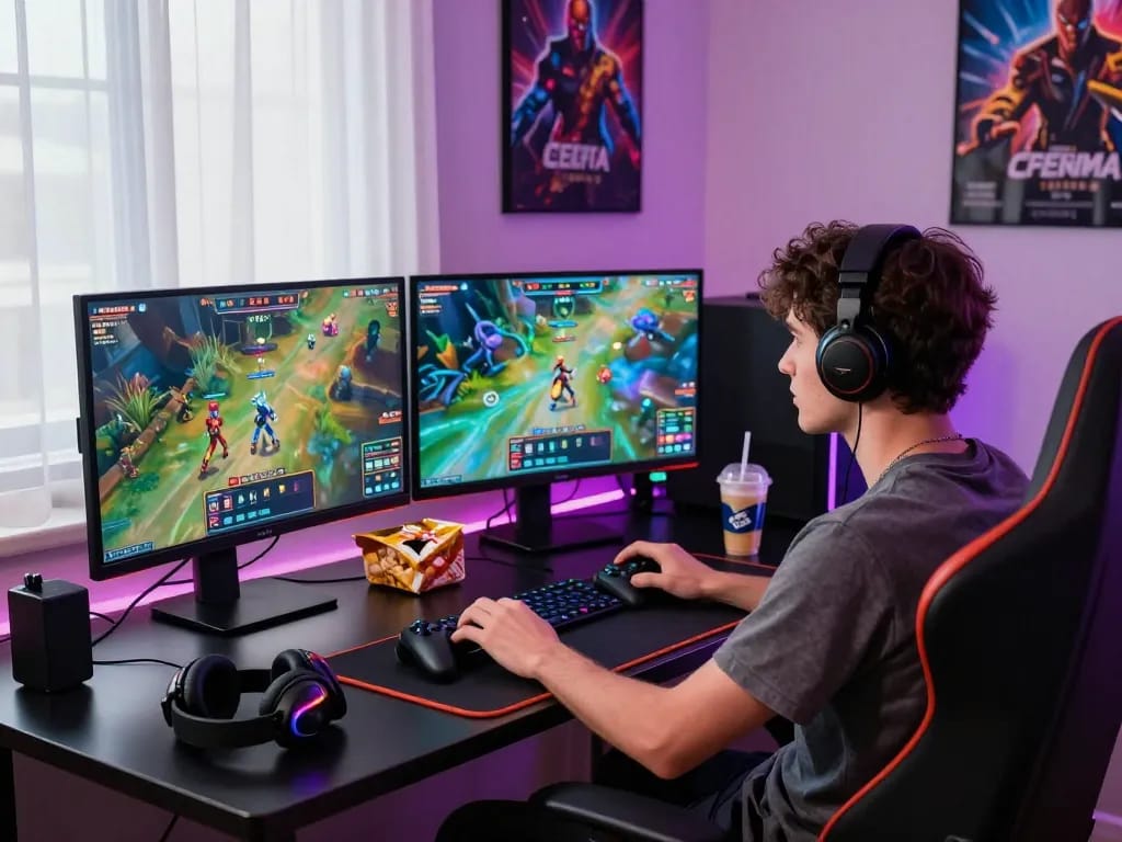 Engaging gaming scene showcasing a player celebrating as they access Link vào Lucky88 for online gaming experiences.