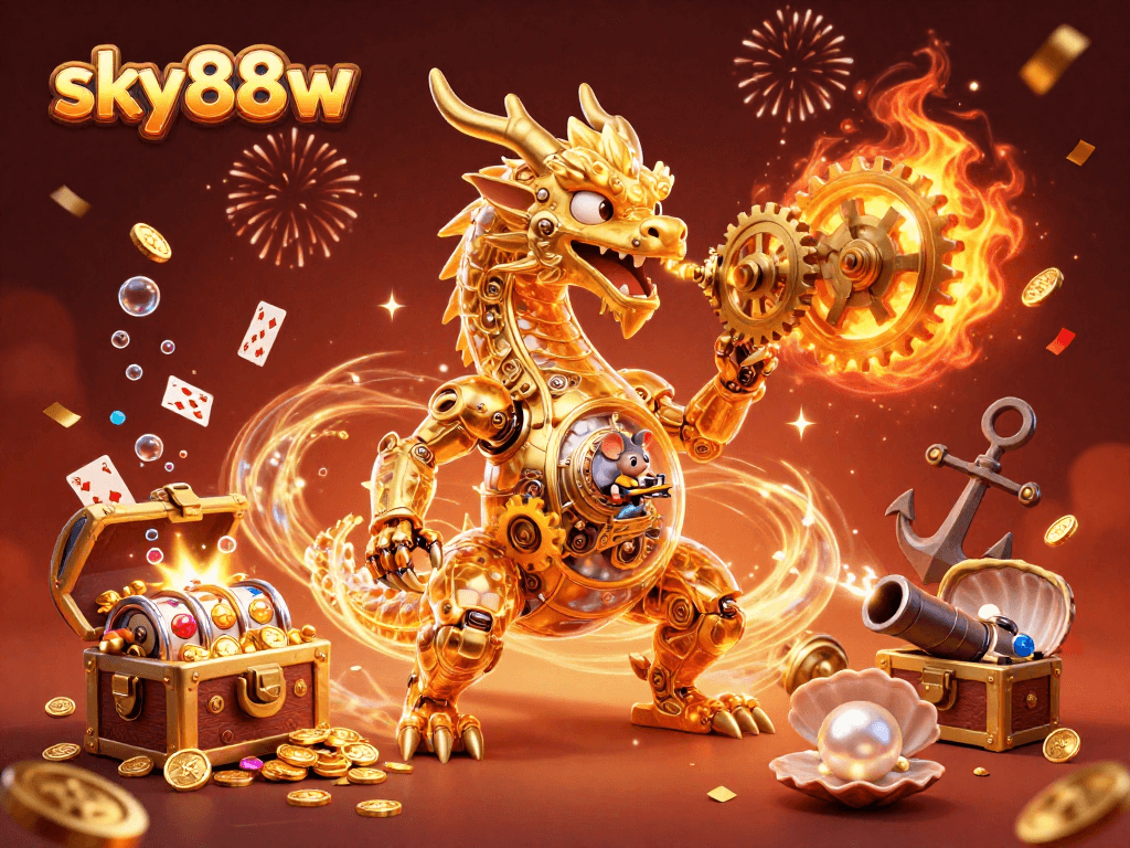 Experience thrilling gaming action with sky88w's golden dragon amidst treasure and casino elements.
