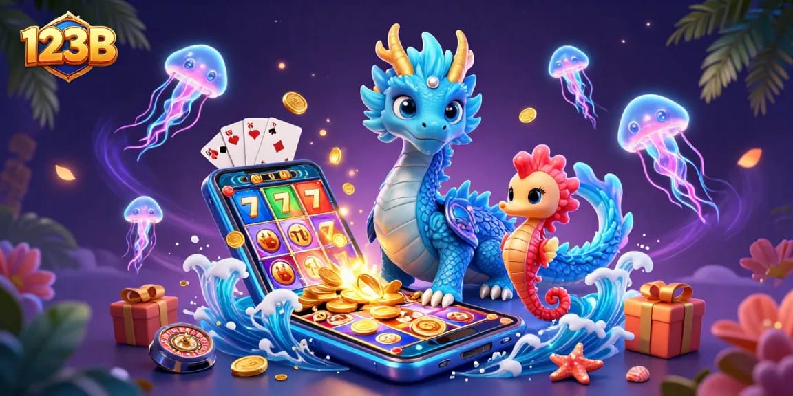 Engage in thrilling gameplay at 123B with vibrant slot reels and golden coins surrounding an azure water dragon.