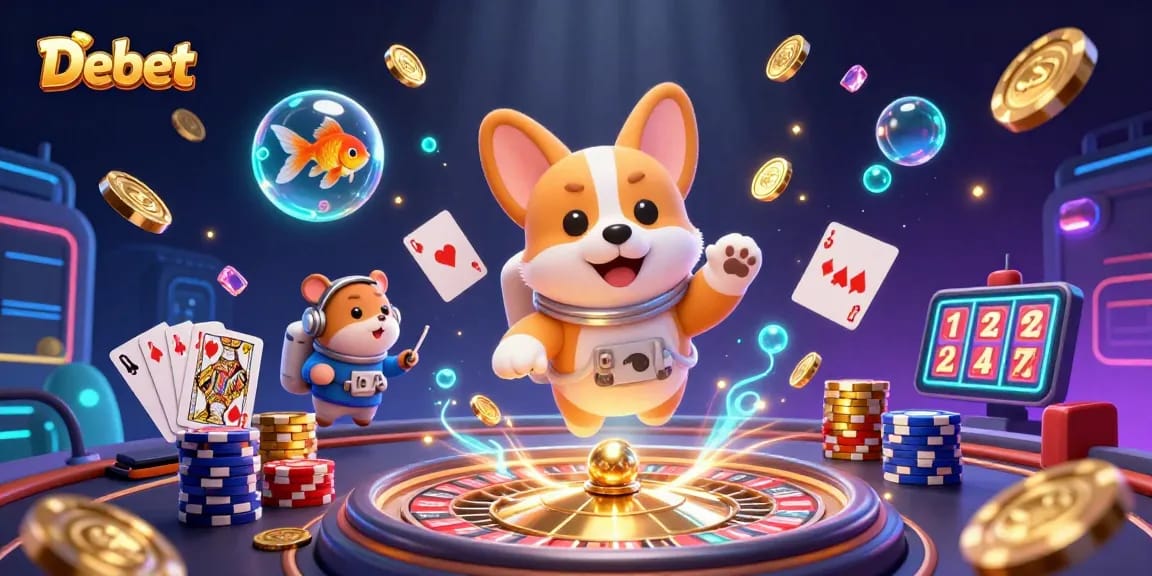 Experience Debet's thrilling casino atmosphere with vibrant characters and dynamic gaming elements.