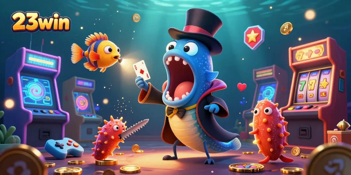 Catch thrilling card tricks by 23win's deep-sea magician eel in a vibrant casino scene.