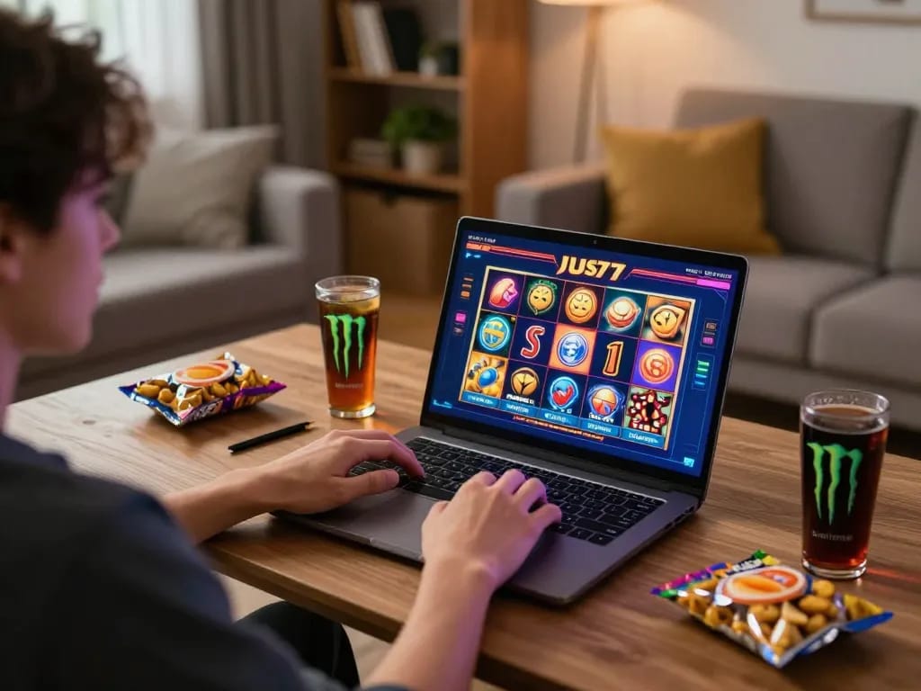Player enjoying the jus77 online slots in a cozy gaming environment with snacks and drinks.