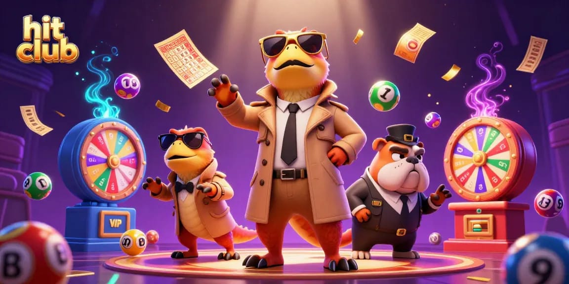 Hit club experience with raptors in trench coat entering casino, surrounded by festive lottery elements.