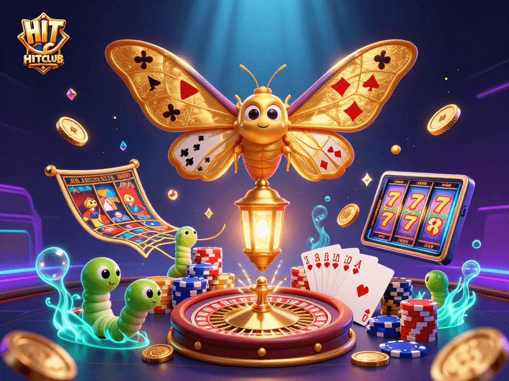 Engage in the exciting world of HITCLUB with a vibrant 3D illustration of a moth revealing playing cards amidst casino treasures.
