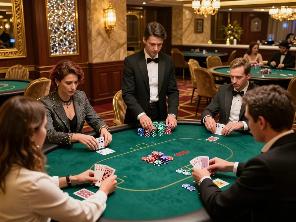 Engaging poker players strategizing their next moves at the Red 88 casino, highlighting an exclusive high-stakes setting.