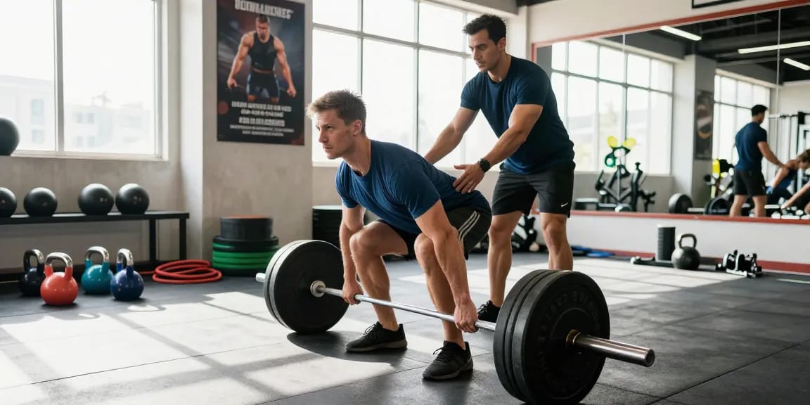Training in de Unique Pharma Steroïden Winkel met een enthousiaste fitnesser die een deadlift uitvoert in een lichte gymomgeving.