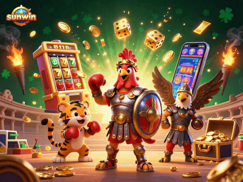 Join the sunwin gaming adventure with a gladiator rooster, slot explosions, and vibrant casino elements.