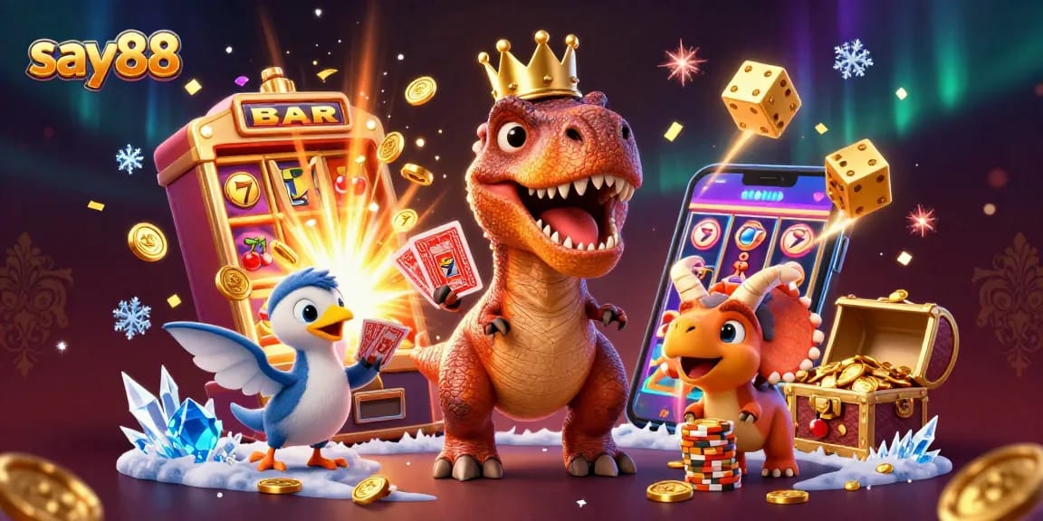 Experience the excitement of say88 with a friendly T-Rex and casino games in a vibrant setting.