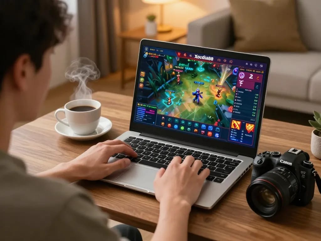 Xocdia88 player enjoying online gambling with laptop in cozy home setting, promoting responsible gaming.