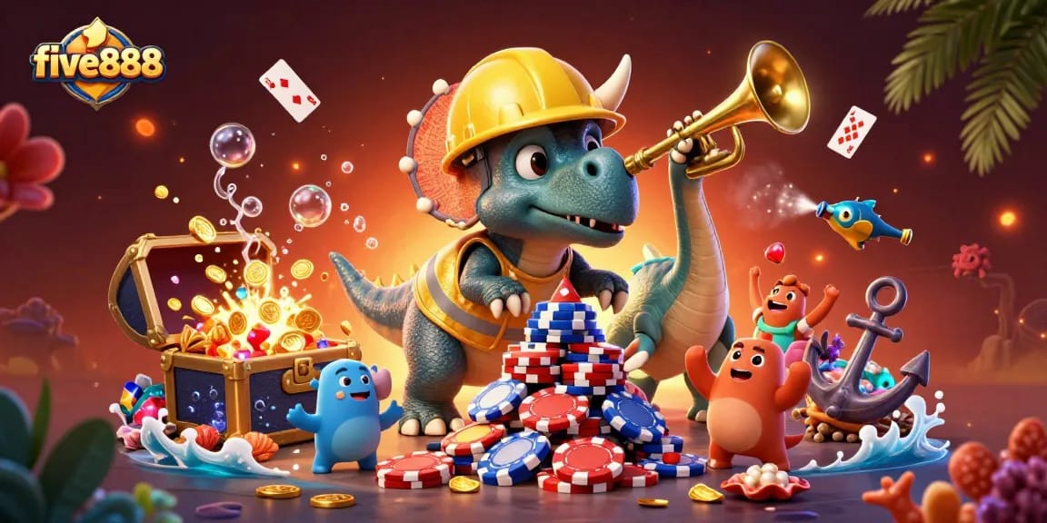 Experience the vibrant celebration at five888 with a triceratops constructing a poker chip pyramid amidst underwater treasures.