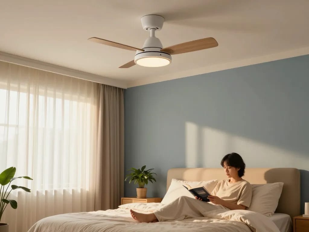 Ventilator slaapkamer stil, moderne plafondventilator die een vredige sfeer creëert in een gezellige slaapkamer.