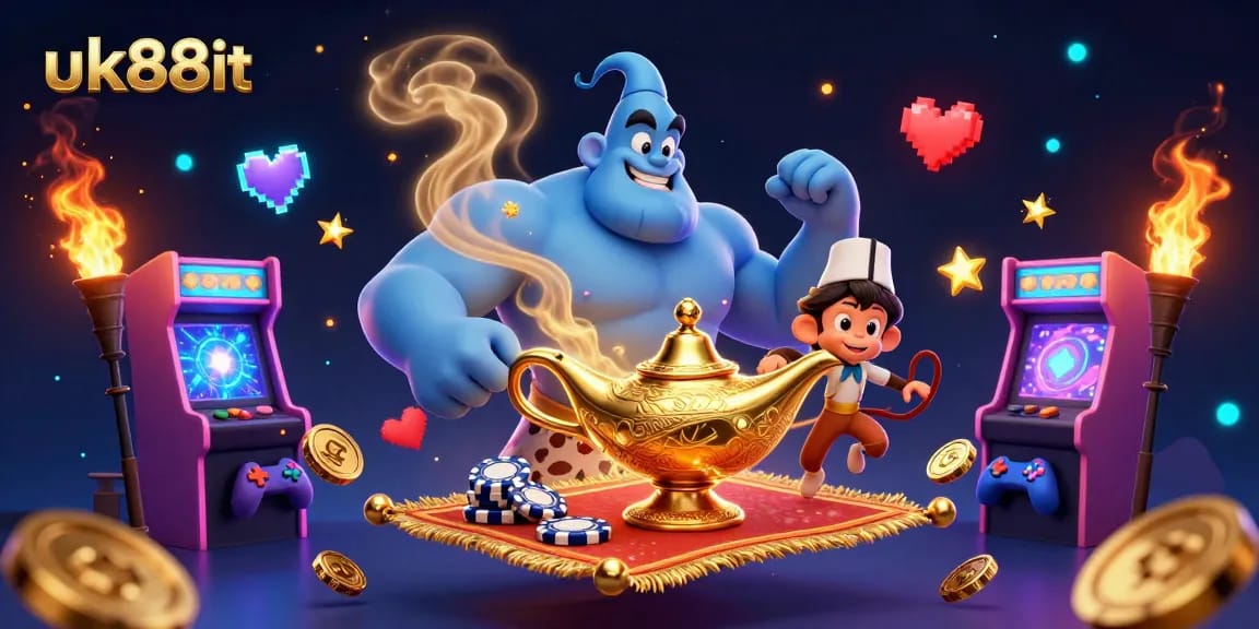 Engage with uk88it as a blue genie bursts forth from a lamp during a thrilling casino adventure.