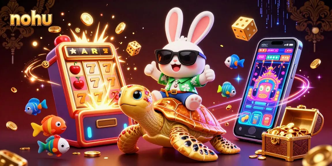 Nohu's exciting jackpot scene features a lucky rabbit with a turtle, surrounded by slot machines and treasure.