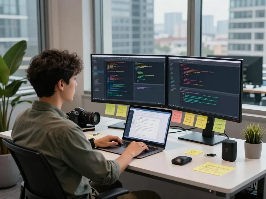 Innovative workspace featuring juicy ai development with dual monitors and vibrant coding elements.