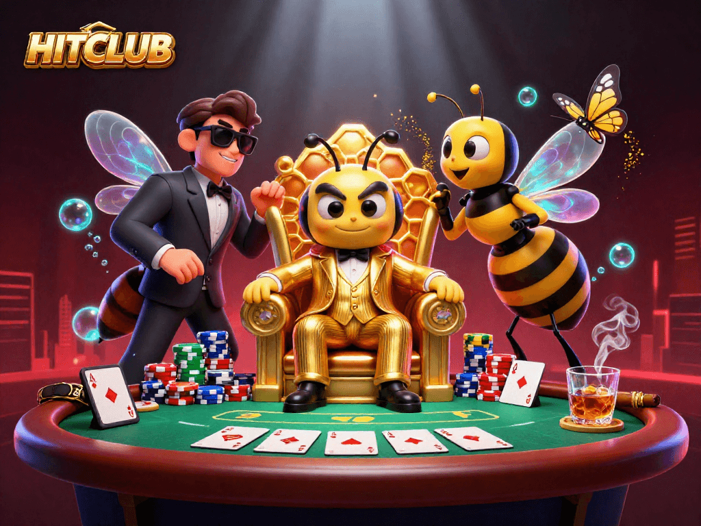 Engage with HITCLUB's vibrant casino scene featuring a bumblebee mob boss at a poker table.