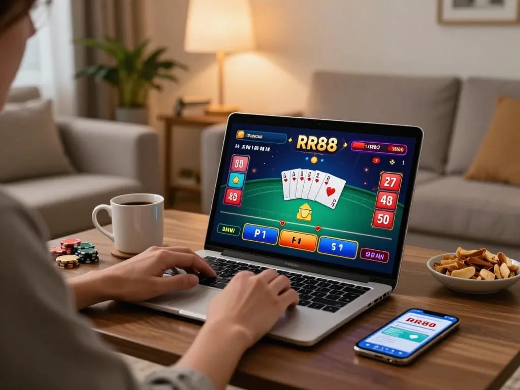 Player engaging with RR88 online casino interface on a laptop, enjoying a cozy gaming experience at home.