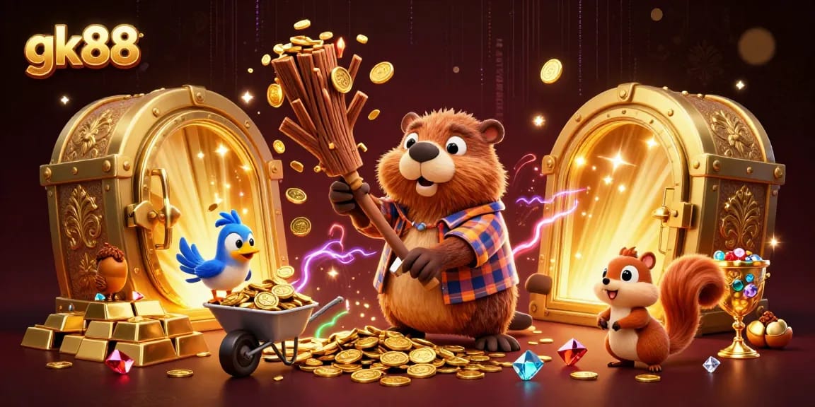 Collect coins with gk88 in a vibrant 3D scene filled with golden treasures and cartoon characters.