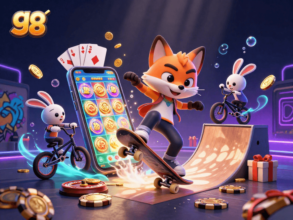 Bet on go 88 as a skateboarder fox flips over poker chips in a vibrant casino scene.