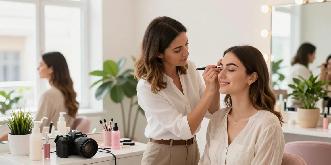 Permanente make-up wenkbrauwen applicatie met een bekwame artiest die schoonheid versterkt in een serene salon.