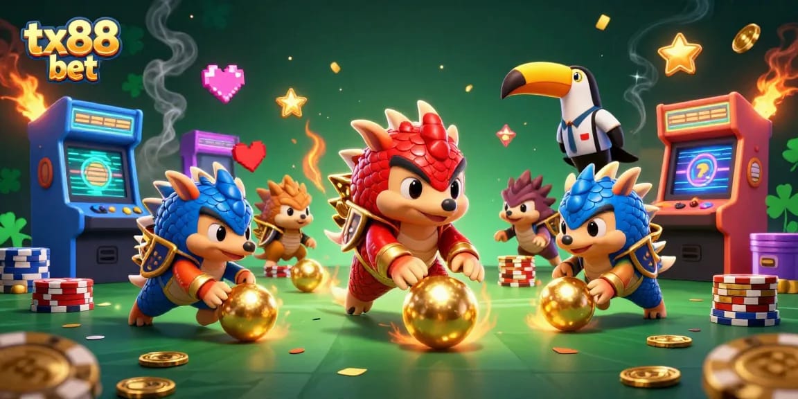 Engage with the action at tx88 bet, featuring pangolins bowling through poker chips amidst vibrant gambling elements.