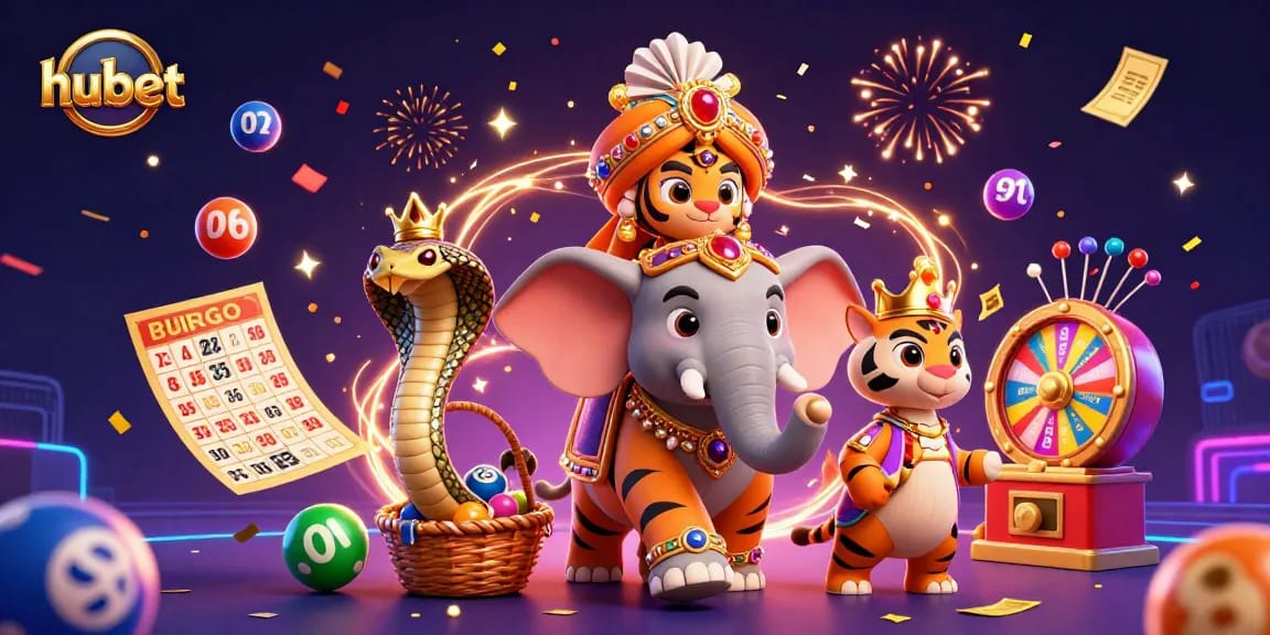 Experience hubet with an exhilarating illustration of a maharaja tiger and elephant amidst colorful lottery elements.