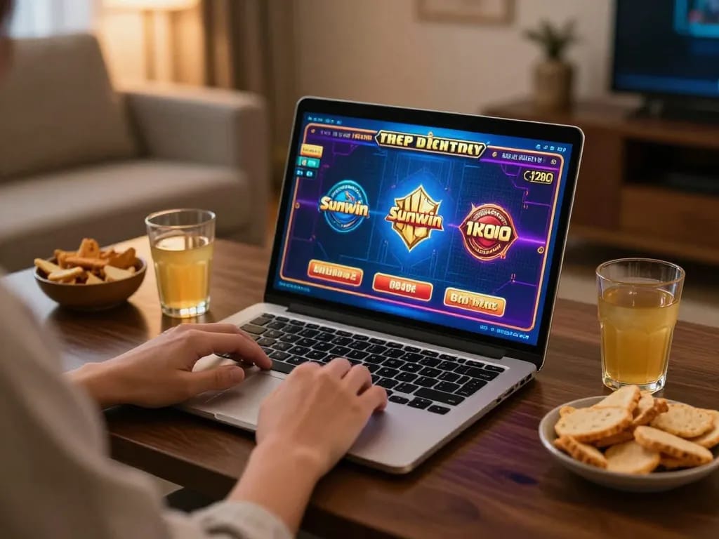 Sunwin player enjoying mobile casino app at home, colorful game interface displayed on laptop screen.